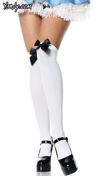 White Opaque Thigh Highs with Bows