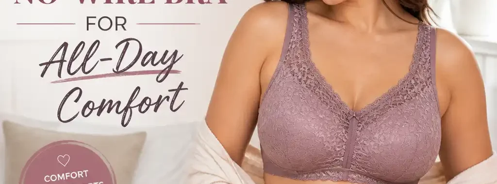 Smiling woman modeling a supportive lace no-wire bra for comfortable, full-coverage everyday wear.