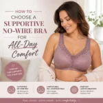 Smiling woman modeling a supportive lace no-wire bra for comfortable, full-coverage everyday wear.