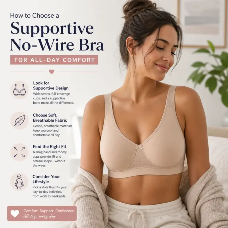 Woman wearing a supportive no-wire bra, illustrating comfortable full coverage for all-day wear.