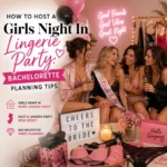 Friends celebrate a lingerie-themed bachelorette party at home with cocktails and festive decorations.